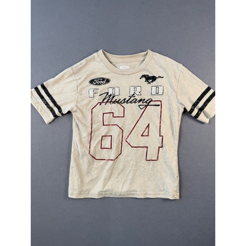 Ford Mustang 64 Graphic T-Shirt Kids Small 6/7 Tan Short Sleeve Striped Racing